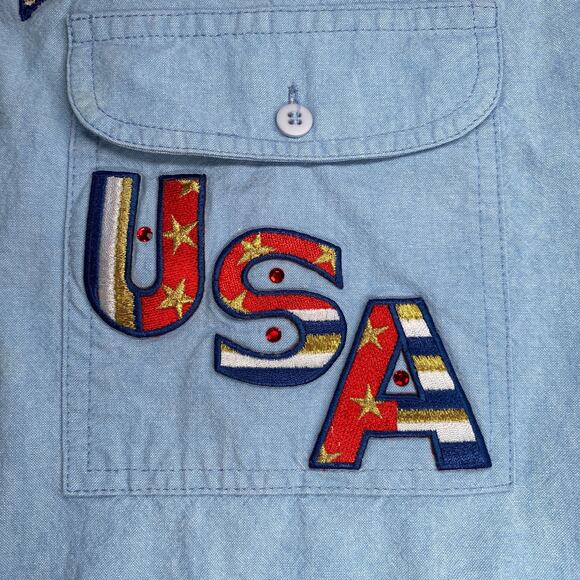 Cricket of the Creek Womens short sleeve denim button up Embroidered Stars VTG M - Picture 6 of 14